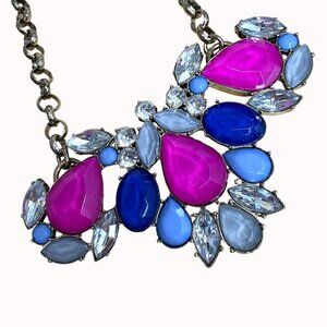 J. Crew Bold Statement Necklace With Pink Blue & Clear Beads Metal Chain